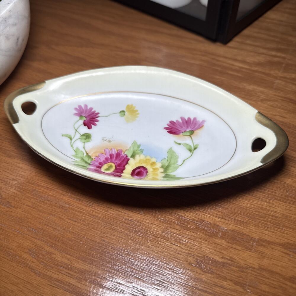 Antique Royal Munich Hand Painted Porcelain Celery Dish Signed Floral Gold